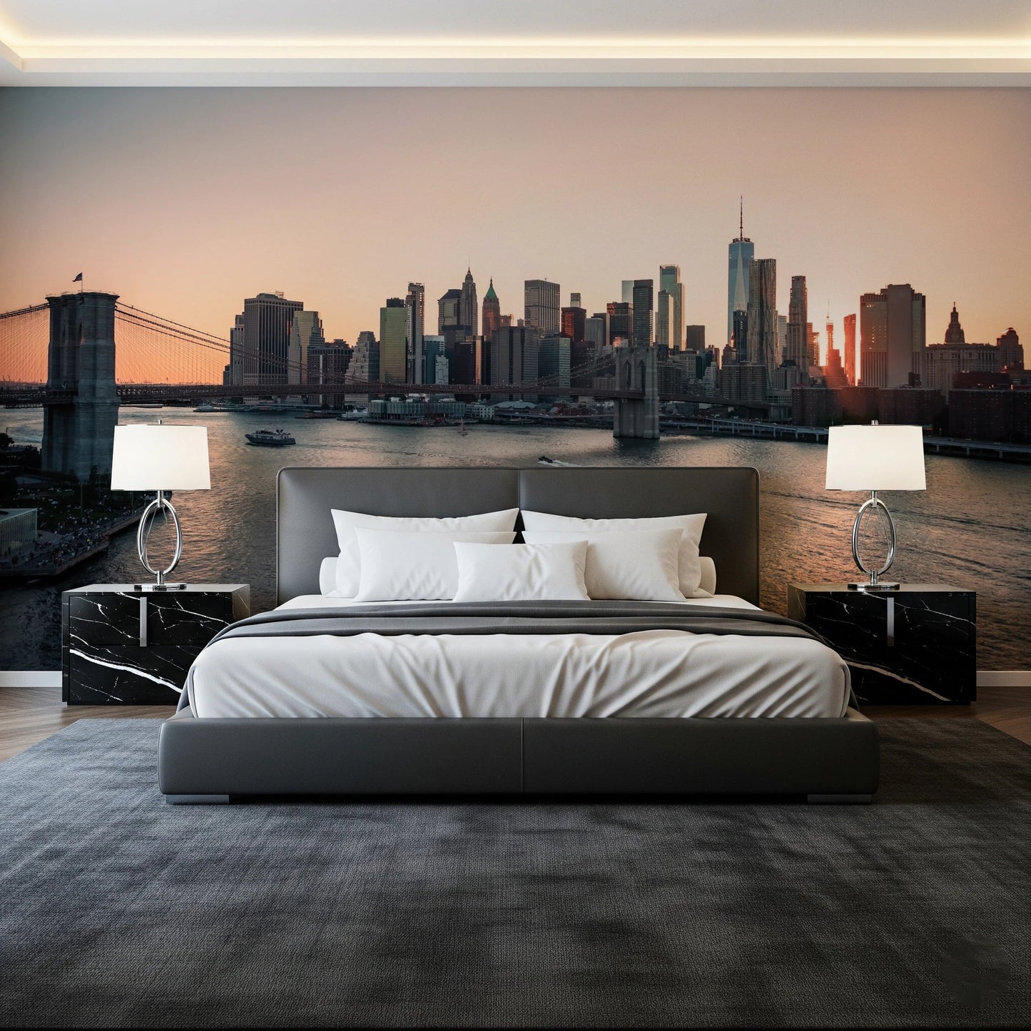 Behind the bed, City Lights at Dawn Wall Mural brings in a calm urban horizon