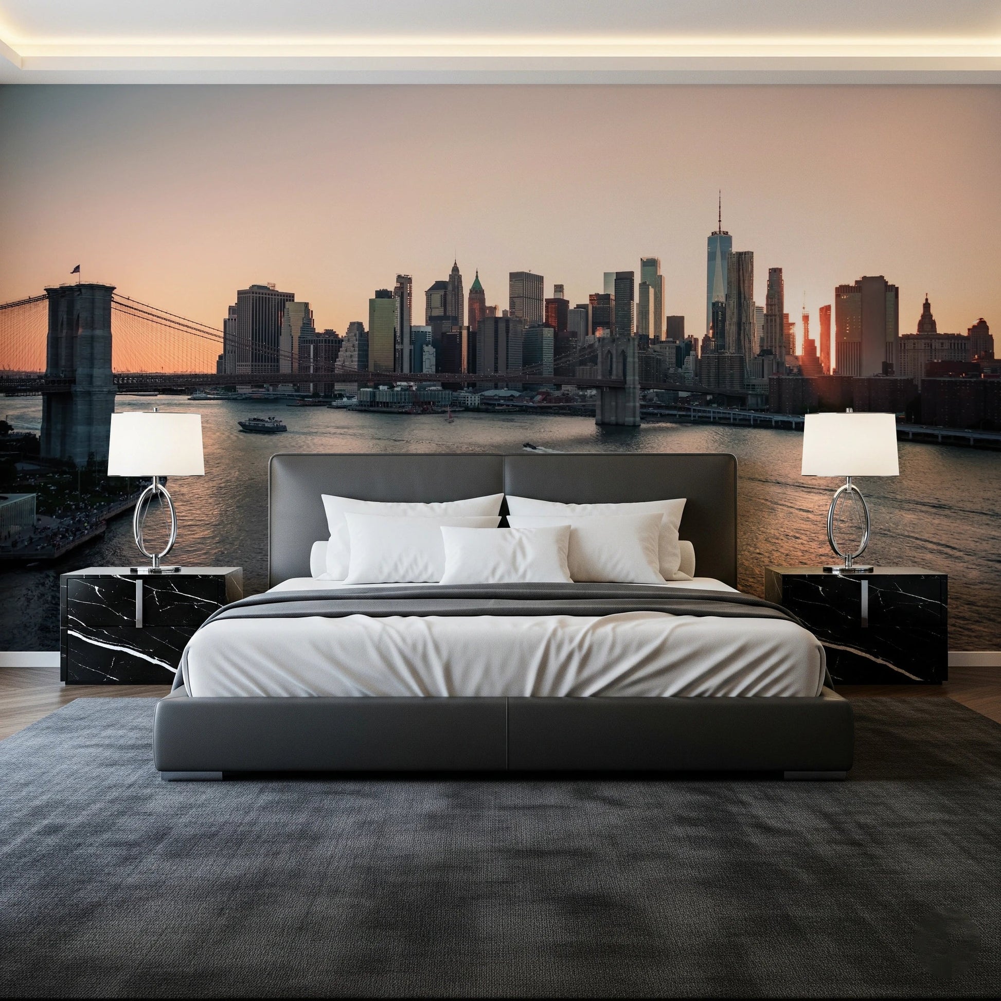 Behind the bed, City Lights at Dawn Wall Mural brings in a calm urban horizon