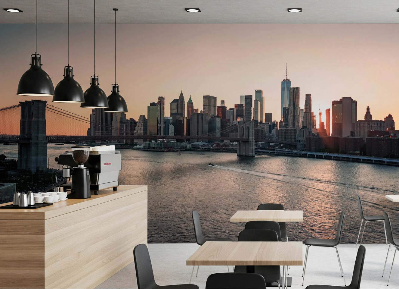 Sunrise cityscape in City Lights at Dawn Wall Mural with buildings and water view