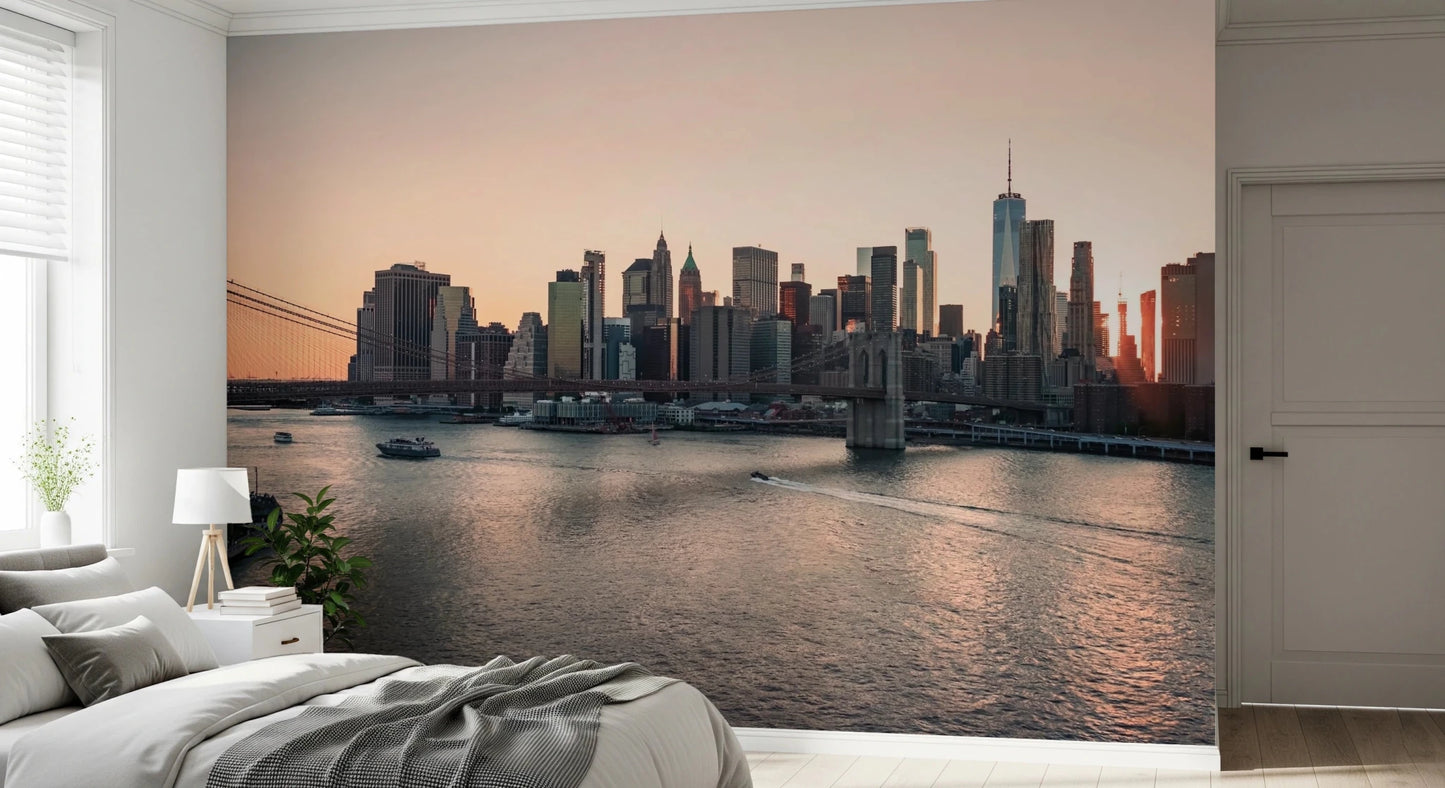 A restful bedroom gets depth from City Lights at Dawn Wall Mural