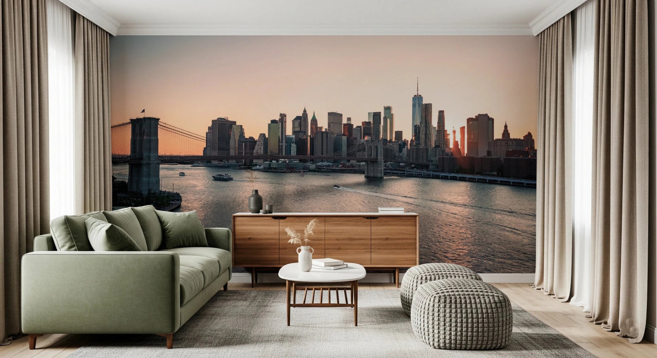 A soft lounge corner opens toward City Lights at Dawn Wall Mural at sunset