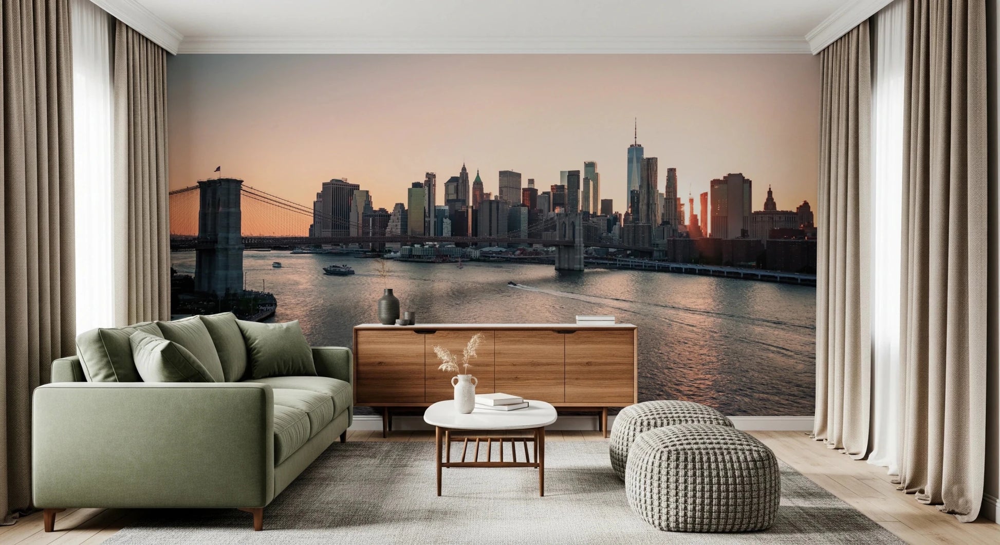 A soft lounge corner opens toward City Lights at Dawn Wall Mural at sunset