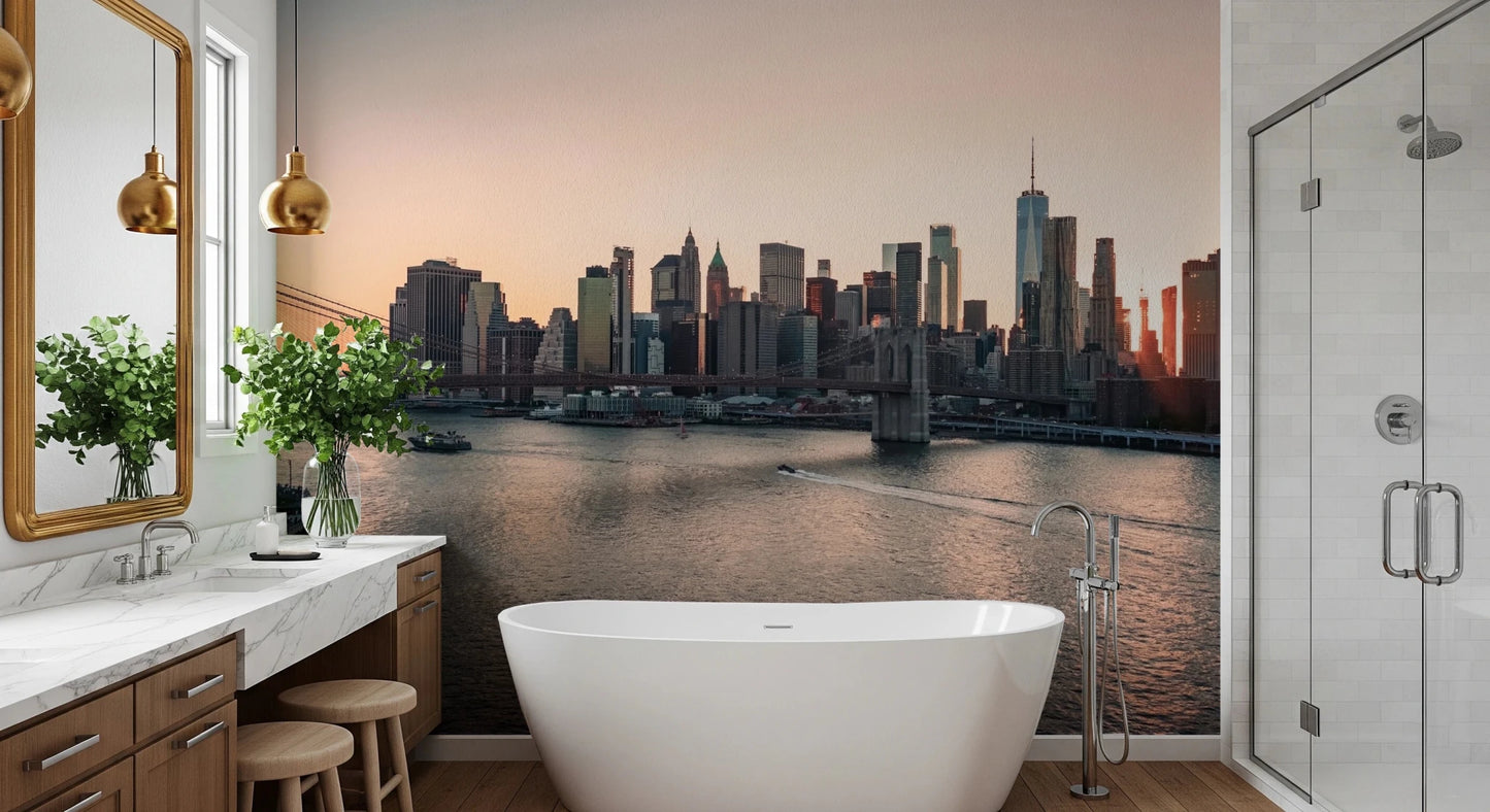 The bath area feels brighter with City Lights at Dawn Wall Mural by the tub
