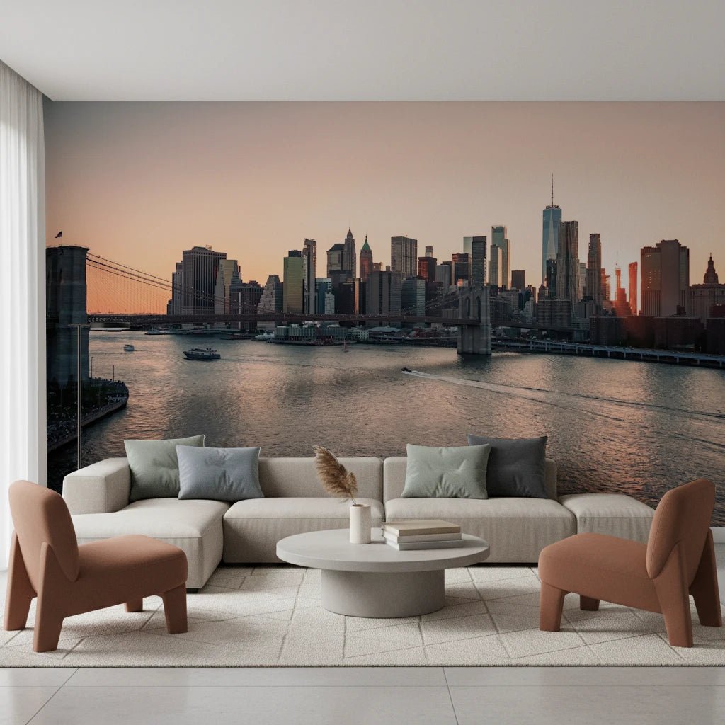 This lounge setup draws focus to City Lights at Dawn Wall Mural across