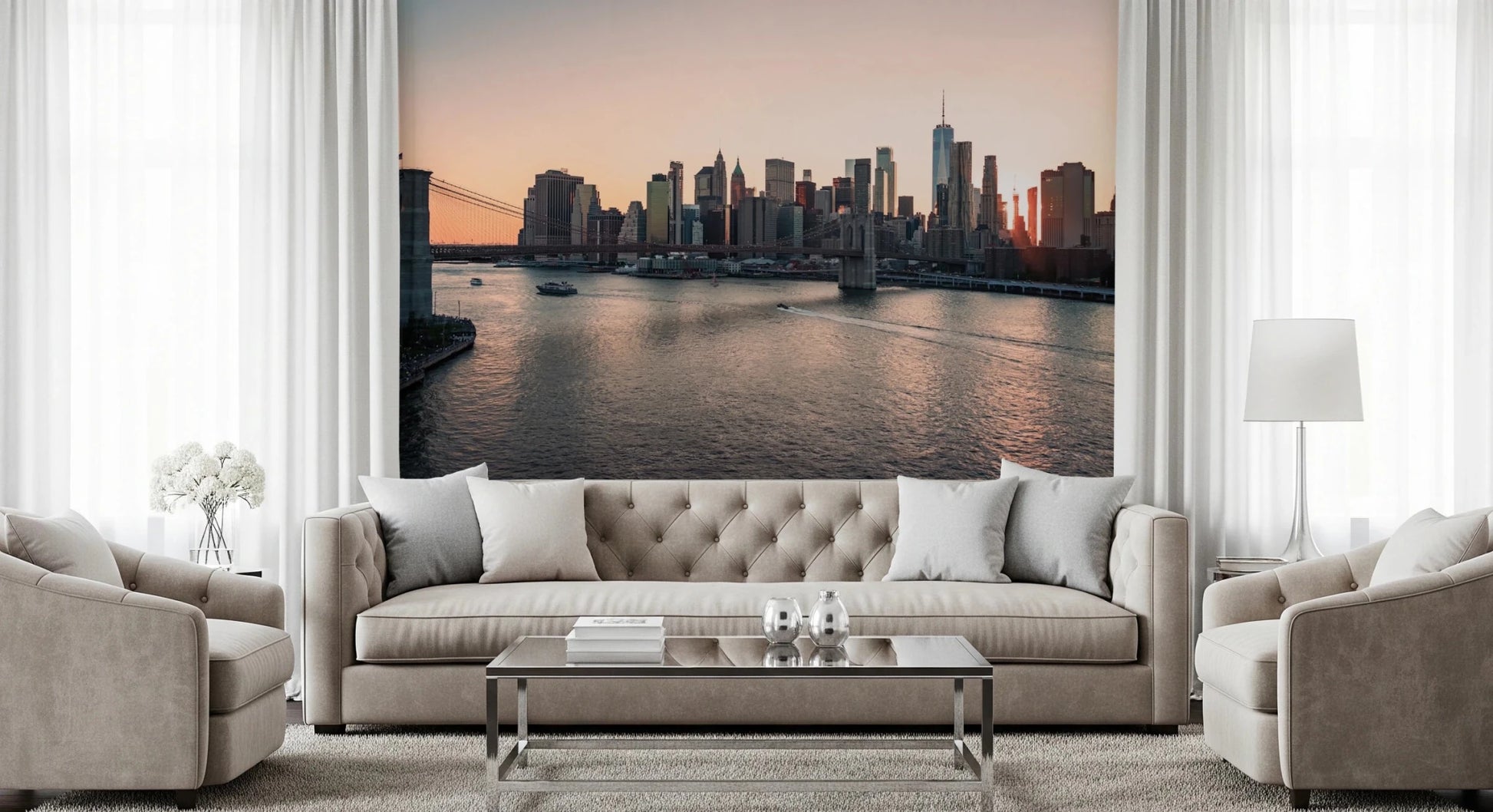 Soft daylight and City Lights at Dawn Wall Mural shape this bright living space