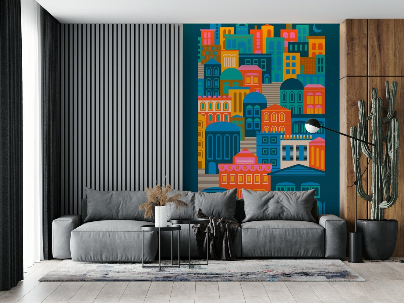 City Lights wallpaper mural bright geometric buildings wall covering.