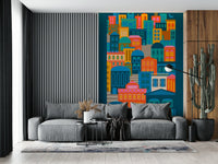 City Lights wallpaper mural bright geometric buildings wall covering.