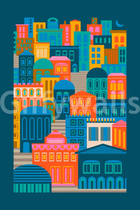 Moon Rainbow Brights city view wall mural eclectic style graphic.