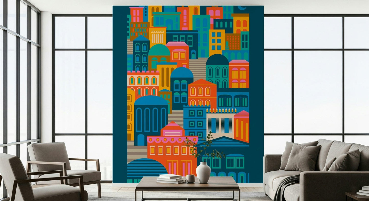 At Night Vintage bold geometric architectural scene wall decal.