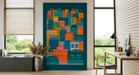Moon Rainbow Brights vibrant abstract town wallpaper for walls.