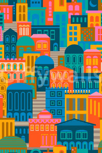 Bright urban pattern wallpaper with vintage postcard vibe