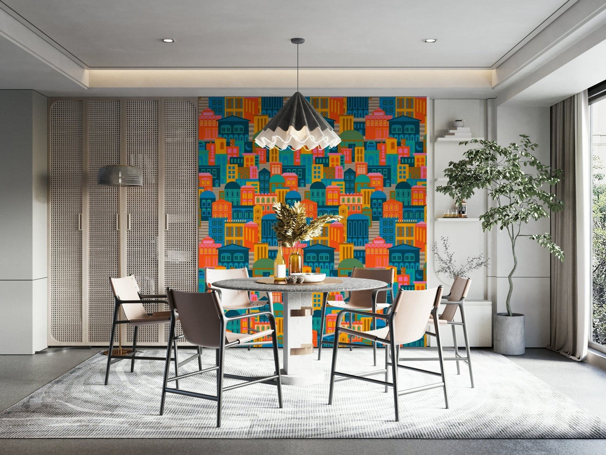 Colorful vintage travel city lights wallpaper with bold buildings