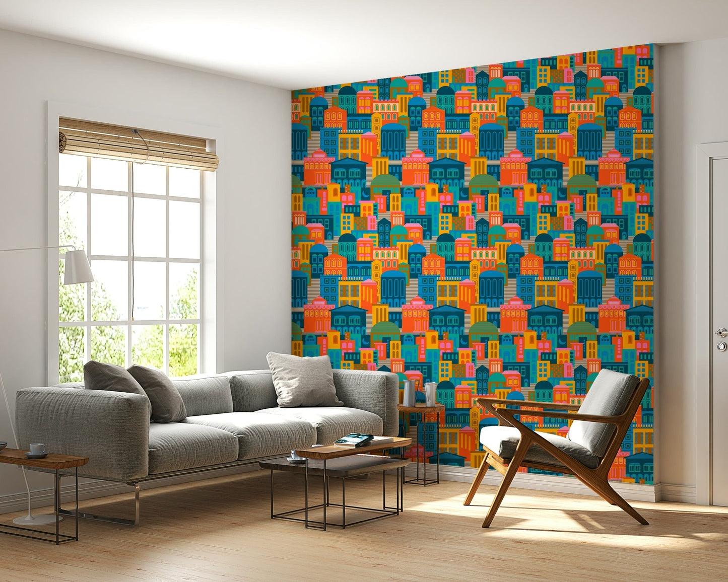 Vibrant geometric townscape wallpaper with layered buildings