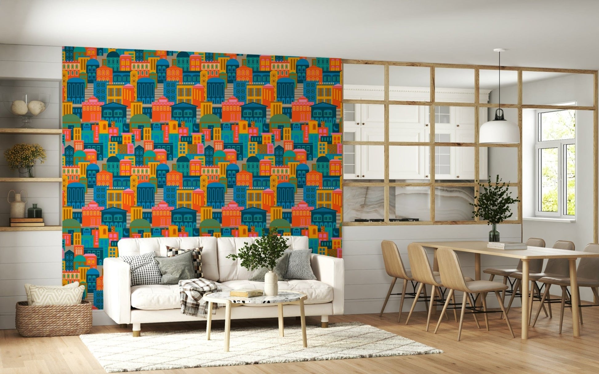 Bold colorful architecture wallpaper for kids room or studio