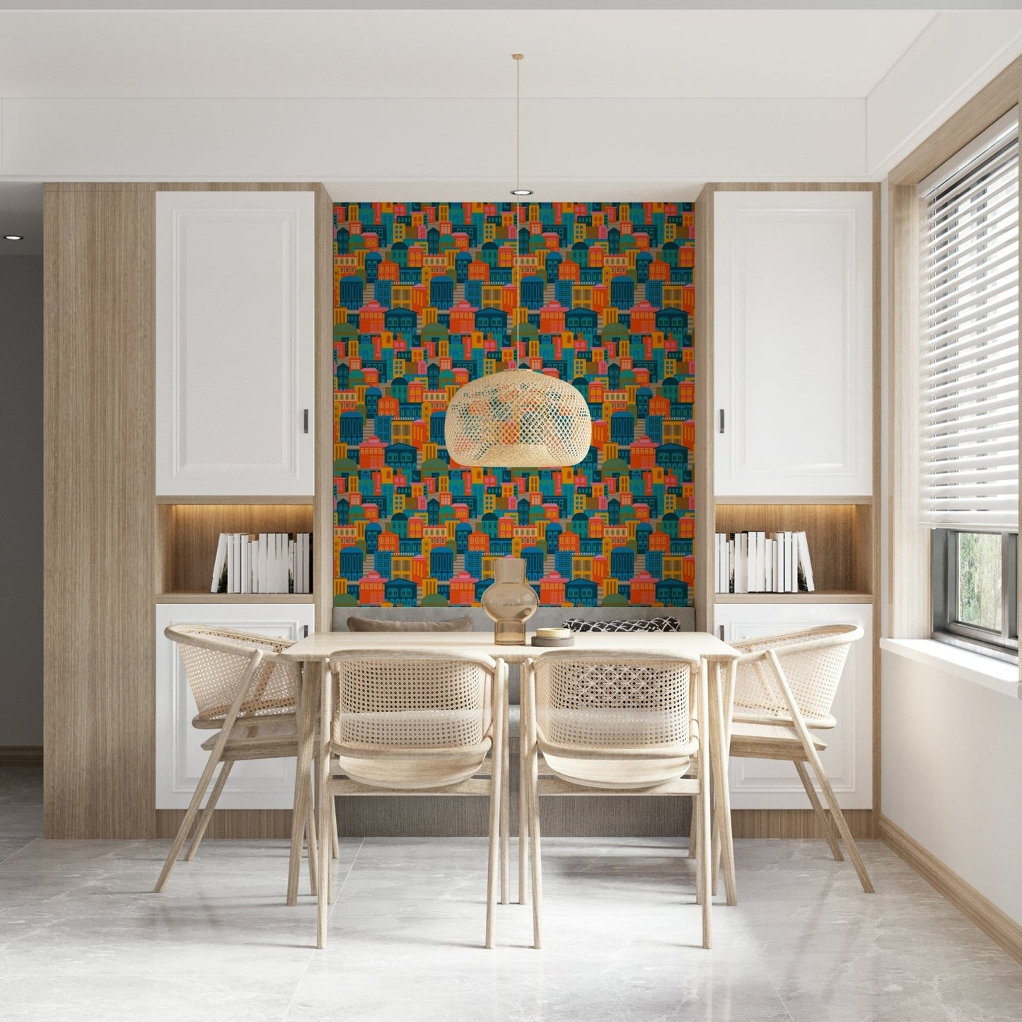 Whimsical night city mural-style wallpaper in rainbow colors