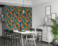 Bright geometric cityscape wallpaper with moonlit night sky