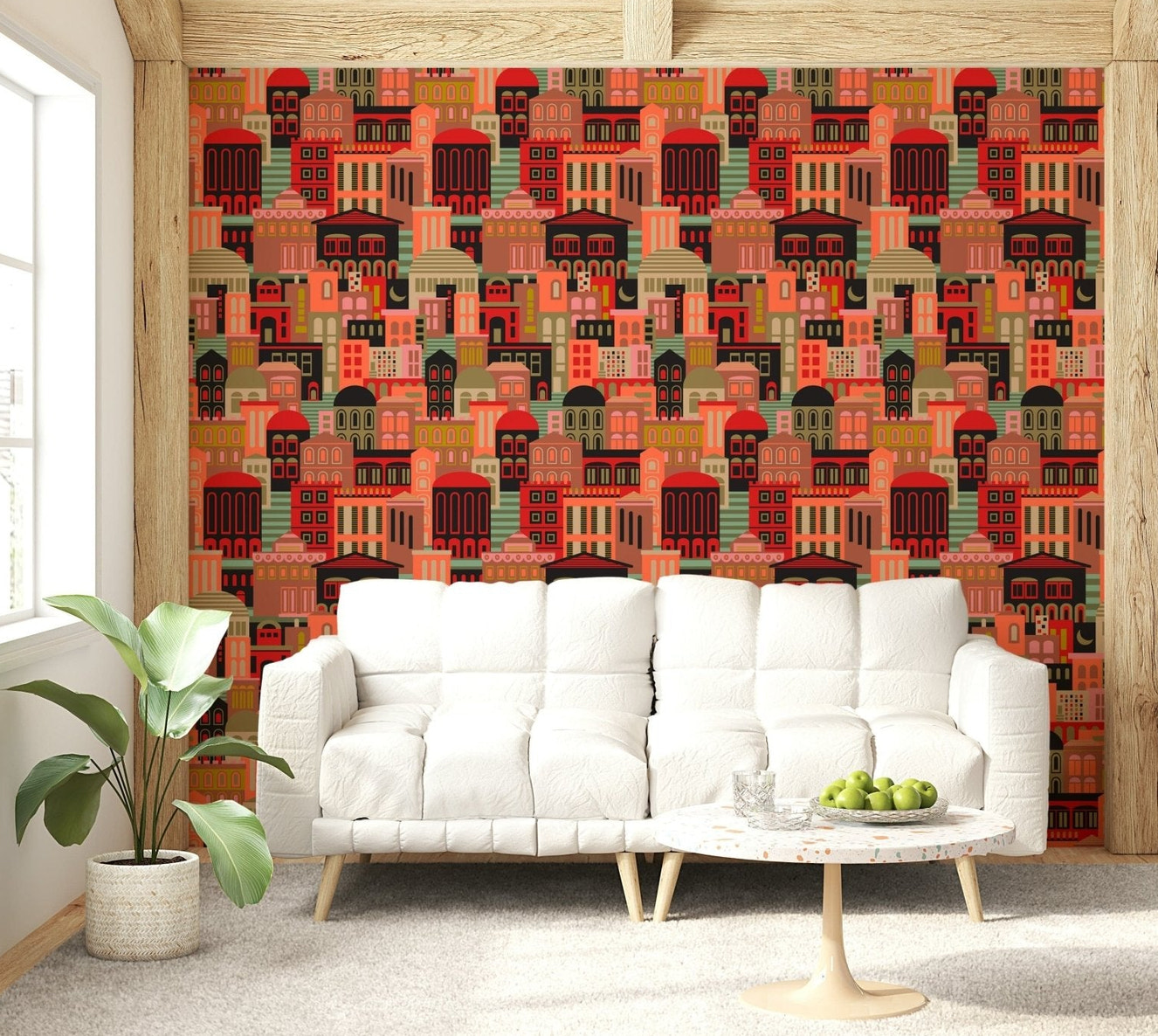 Stylized city lights at night vintage travel wall mural with matte finish.