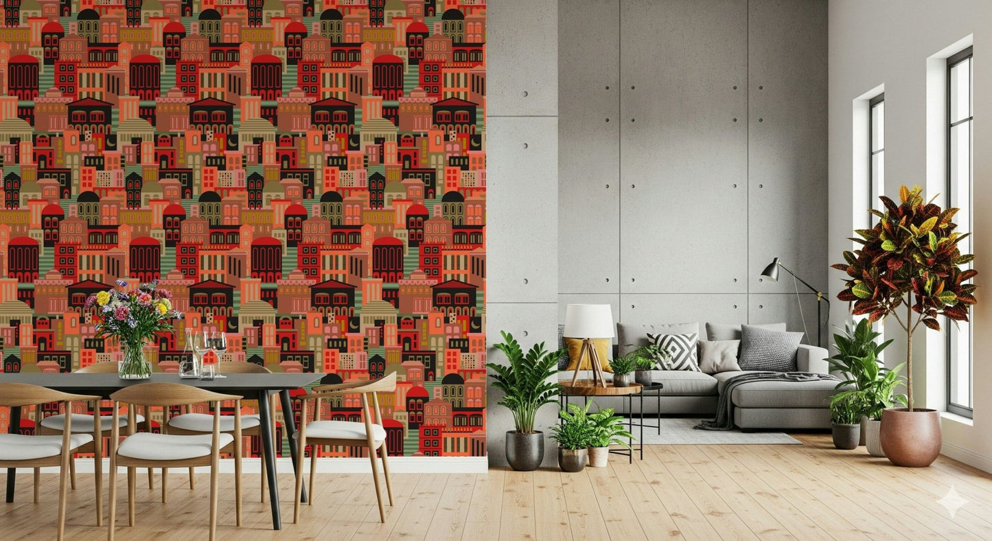 Abstract urban landscape wall mural with vibrant 1950s architectural shapes.