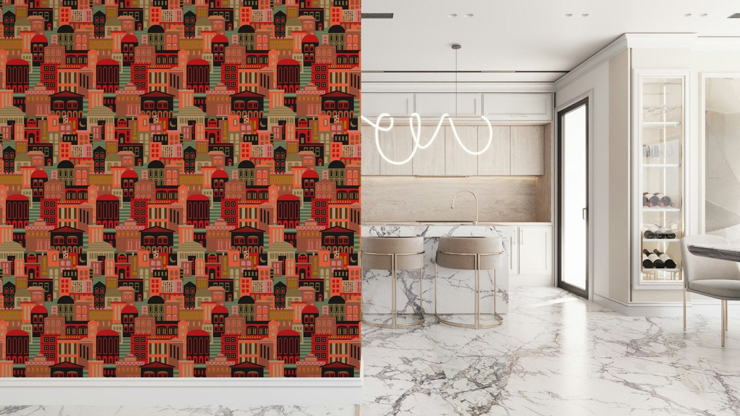 Vintage 1950s style wall mural featuring a stylized urban skyline at night.