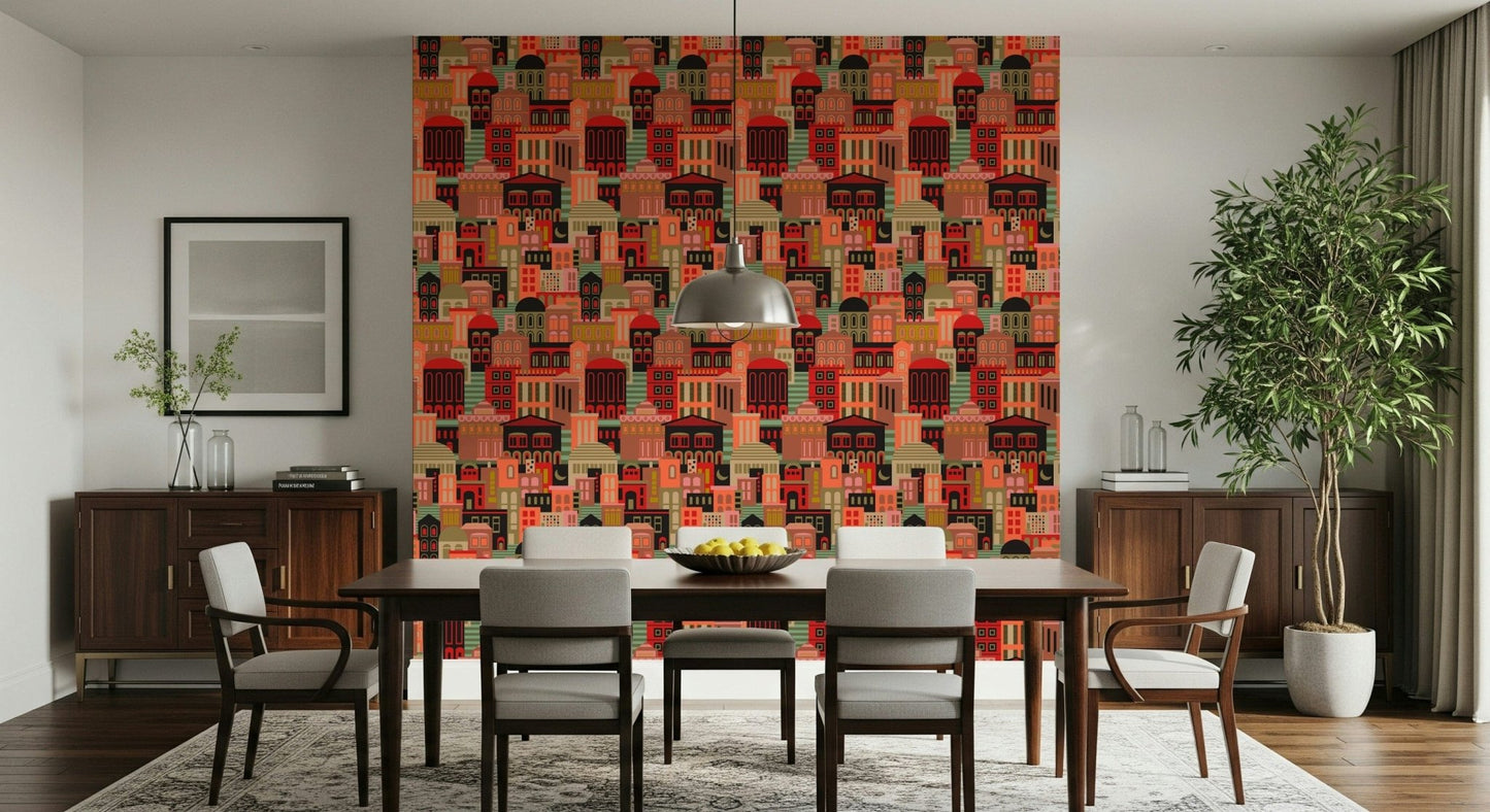 Nighttime city skyline wallpaper with clean lines and bright geometric shapes.