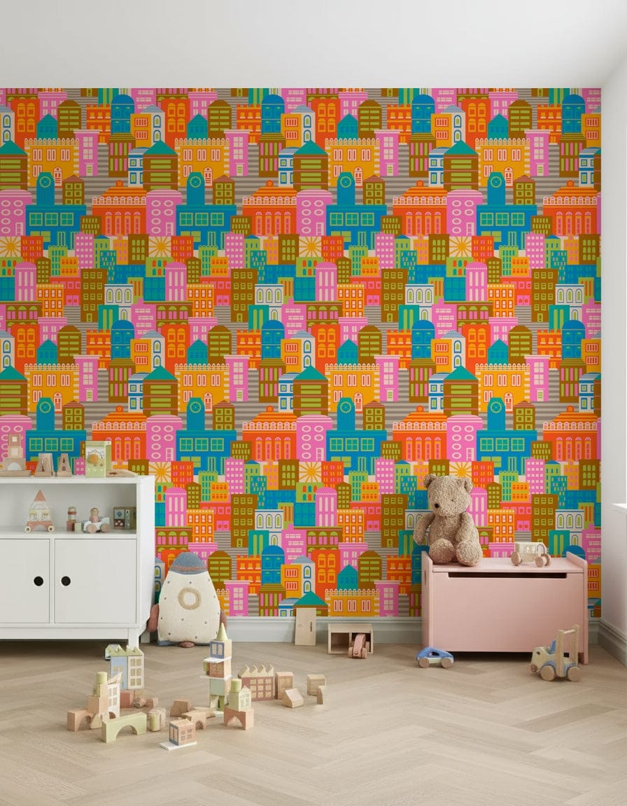 Vintage travel inspired wallpaper with a sunny sky and abstract city shapes., GD7641