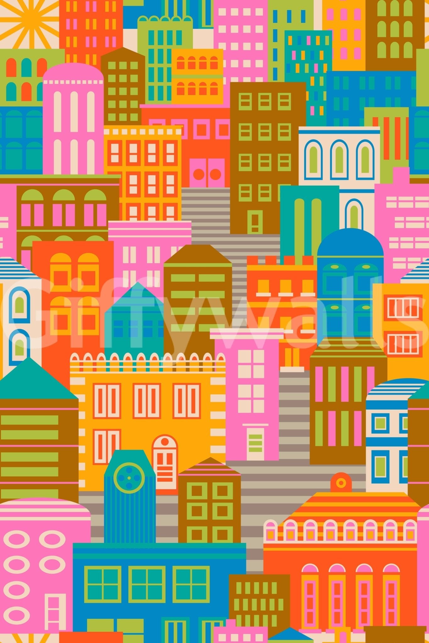 Bright city lights by day wall mural with flat vector geometric illustrations.