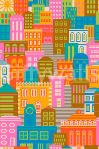 Bright city lights by day wall mural with flat vector geometric illustrations.