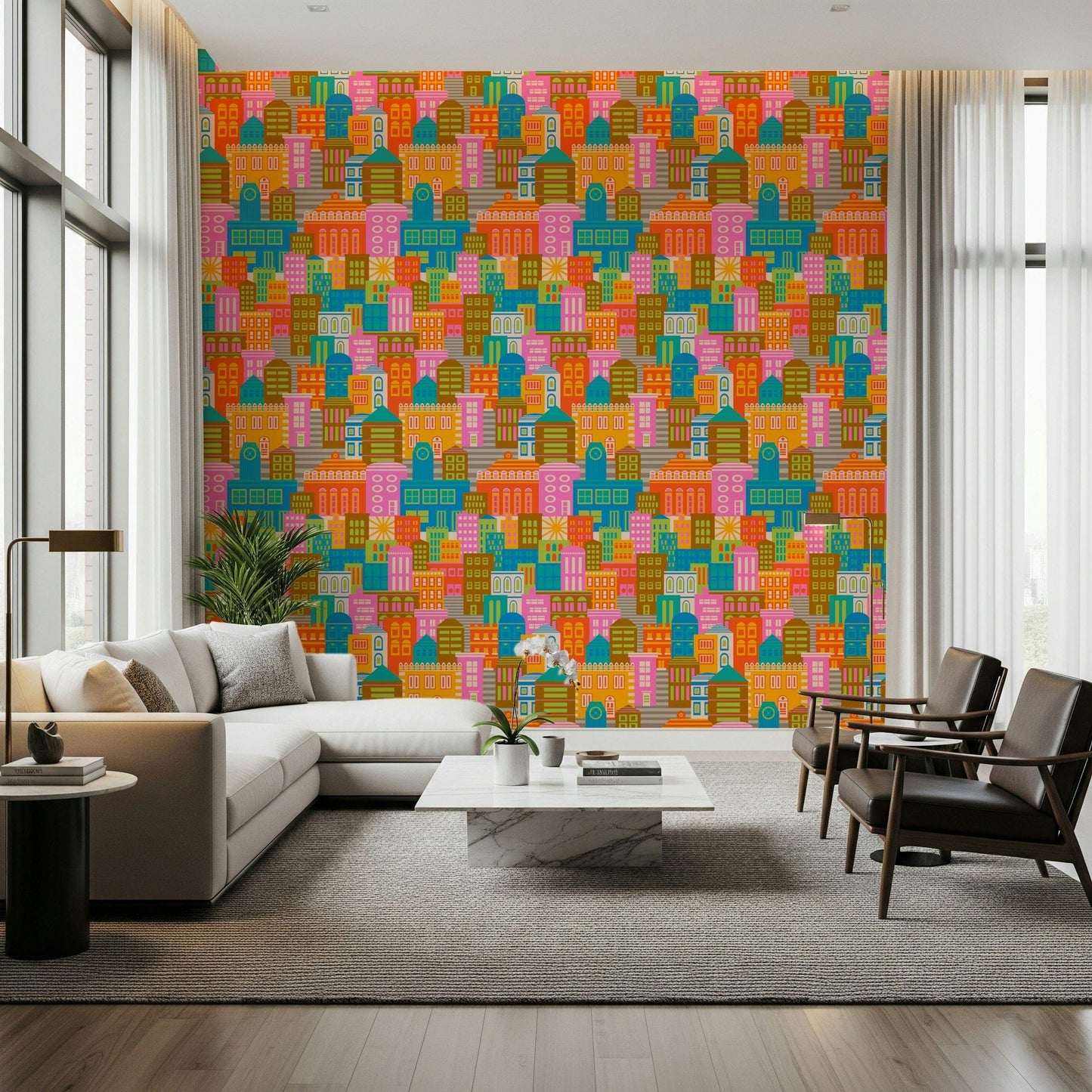 Retro geometric buildings wallpaper with a minimalist sun and bold outlines.