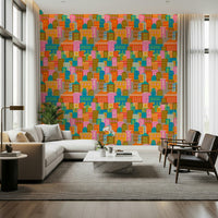 Retro geometric buildings wallpaper with a minimalist sun and bold outlines.