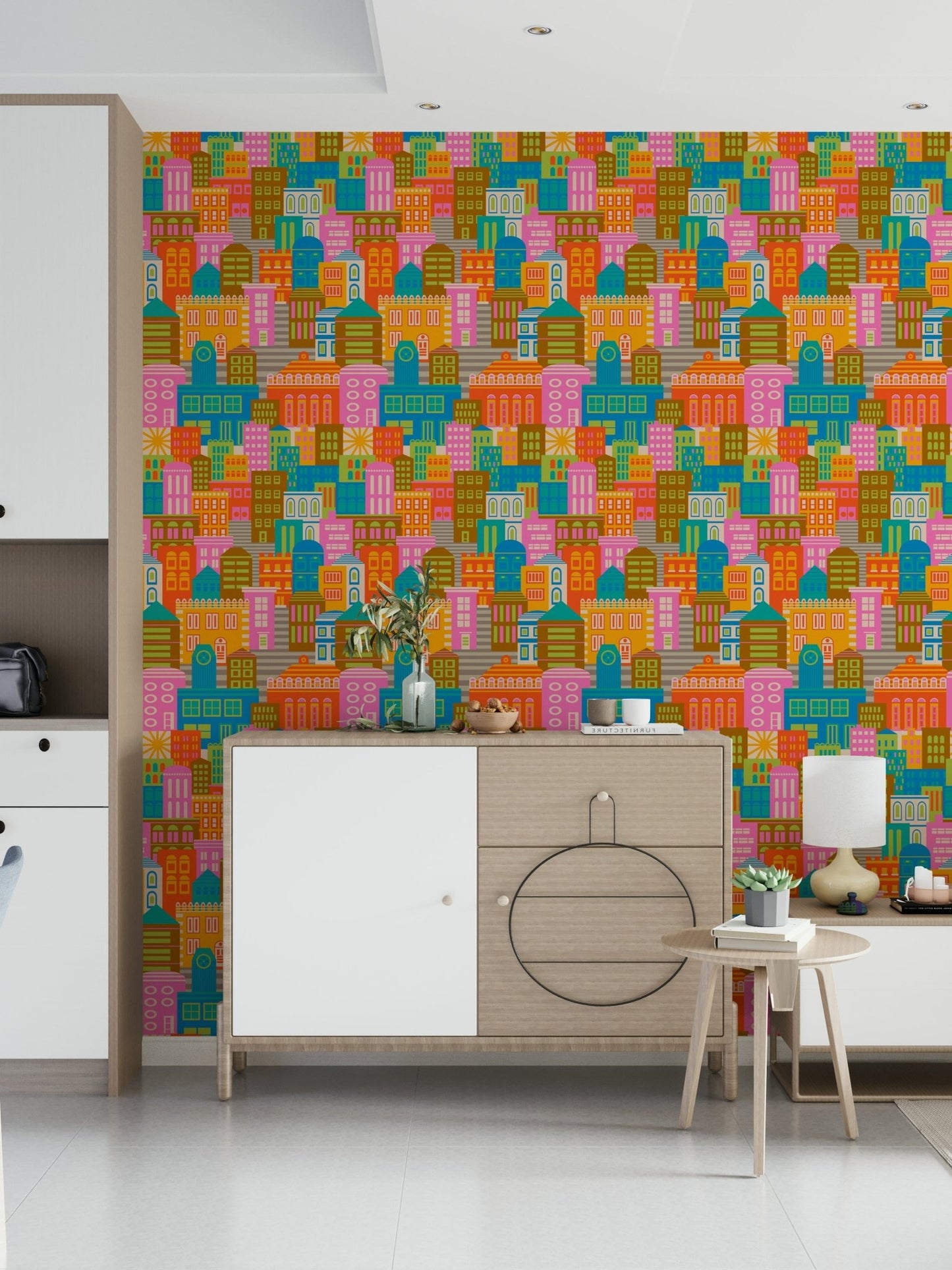 Colorful geometric buildings wallpaper for a cheerful retro interior theme.