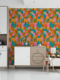 Colorful geometric buildings wallpaper for a cheerful retro interior theme.