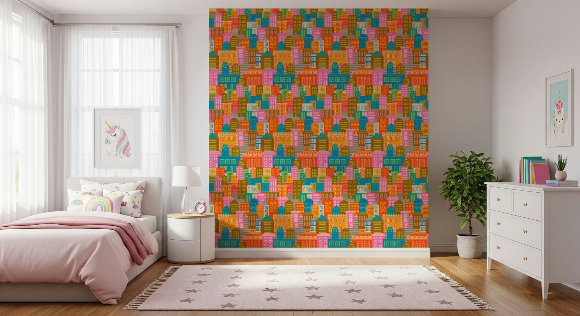 Sunny city skyline wallpaper featuring bright geometric buildings and a yellow sun.