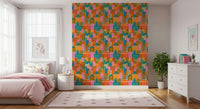 Sunny city skyline wallpaper featuring bright geometric buildings and a yellow sun.