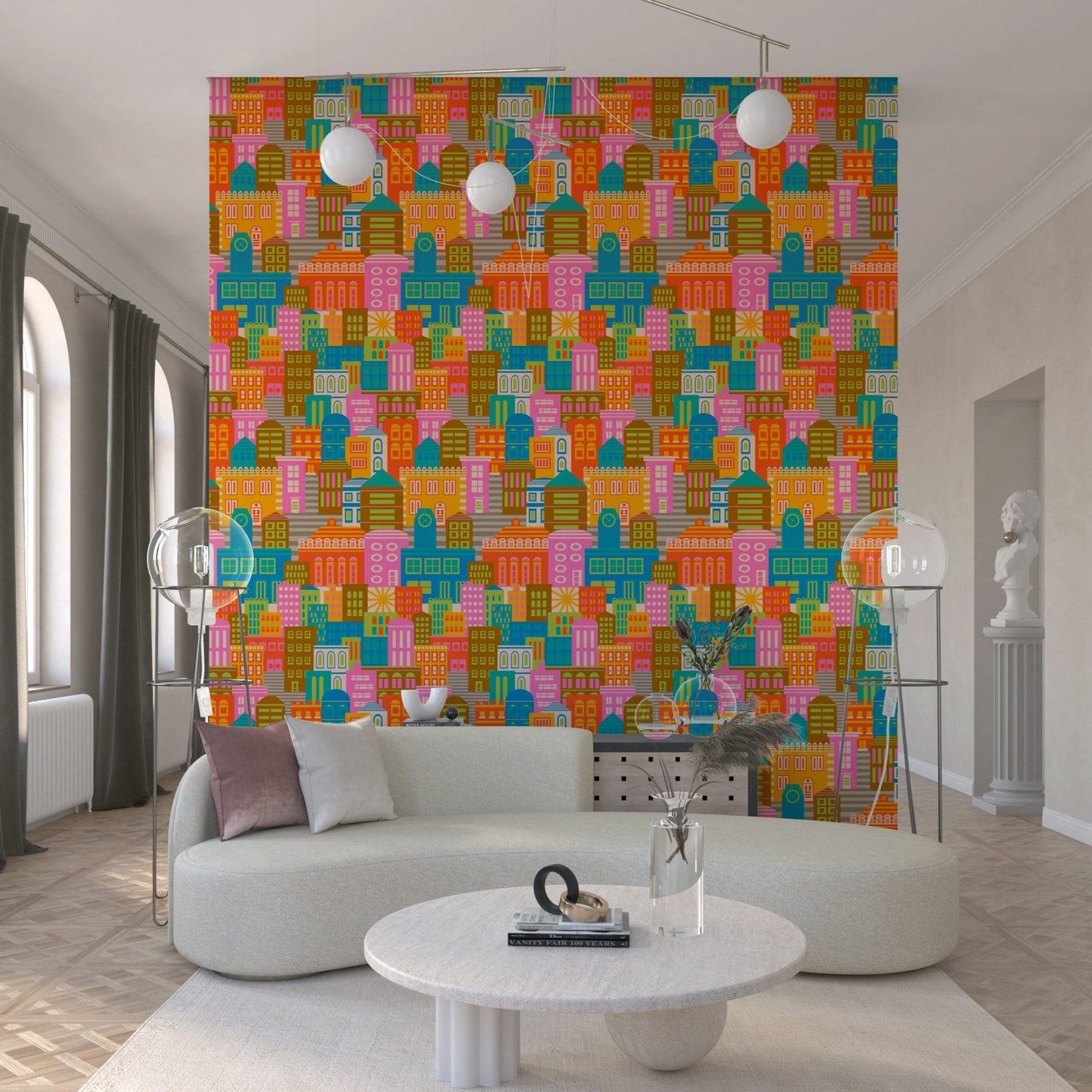 Mid-century modern city lights by day wallpaper with clean geometric shapes.