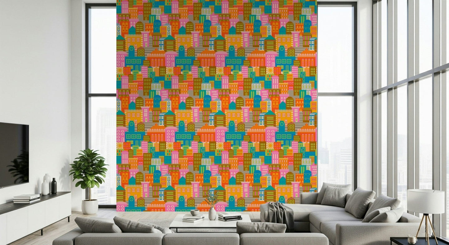 Vintage travel wall mural with a colorful rainbow palette and urban architecture.