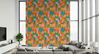 Vintage travel wall mural with a colorful rainbow palette and urban architecture.