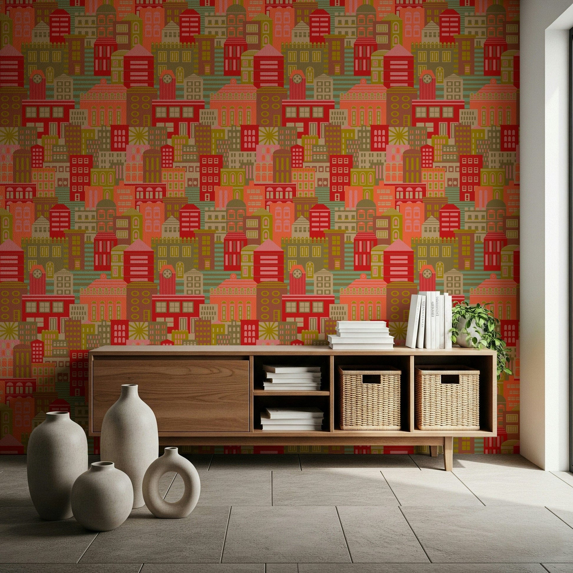 Retro travel posters inspired wallpaper mural for a guest room wall.