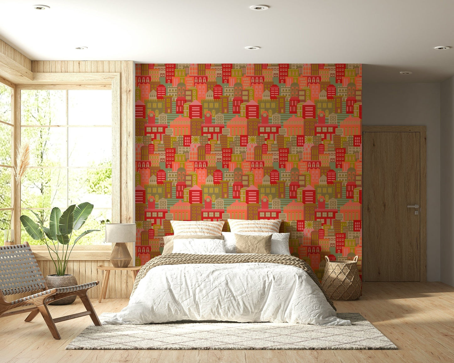 Sunny 1950s palette wallpaper mural with architectural geometric lines.