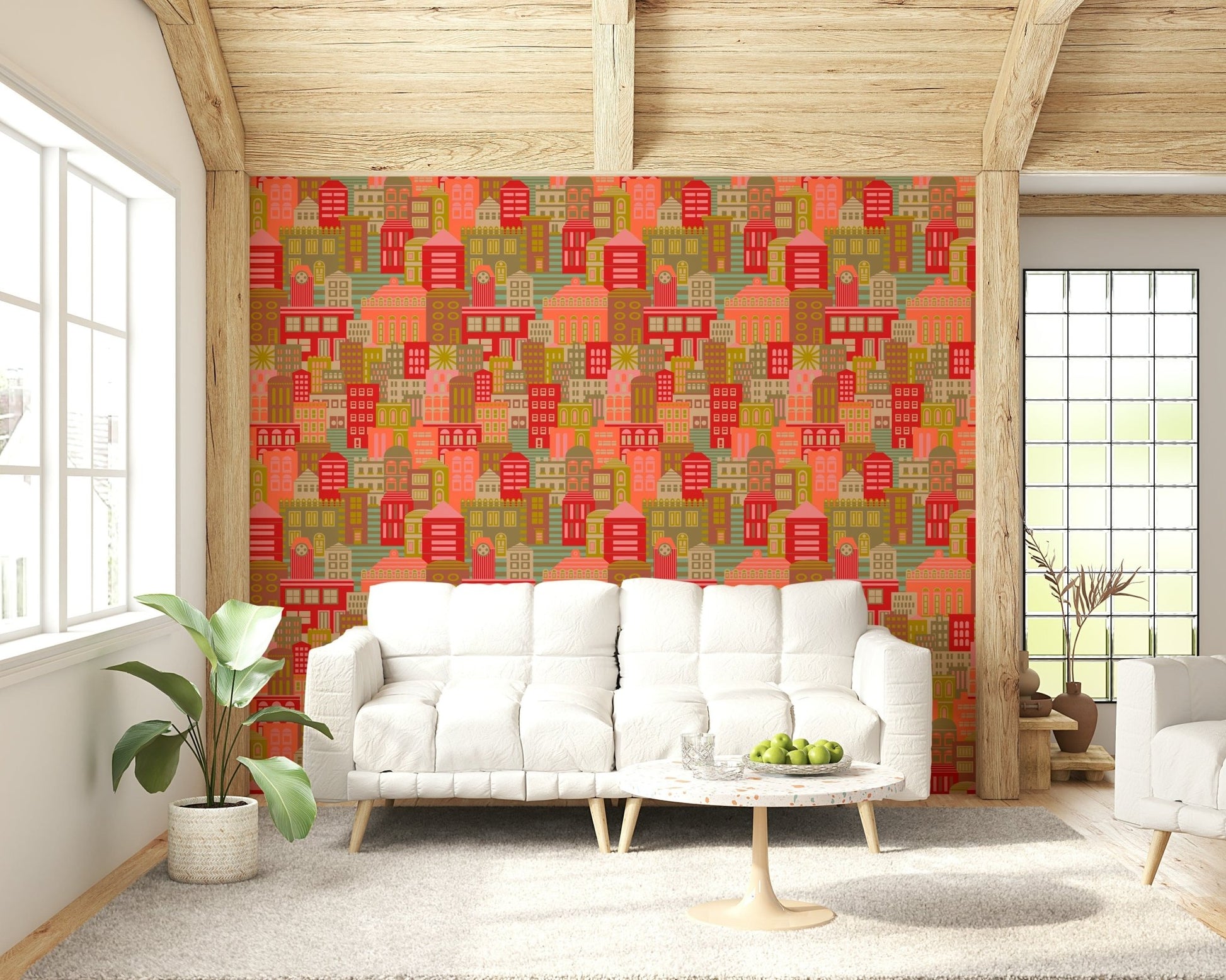 1950s vintage city lights wallpaper mural with sunny geometric patterns.