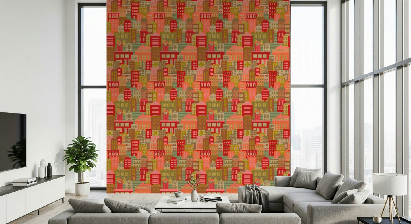 City Lights By Day Vintage Travel Bright Geometric Buildings Sunny Vintage 1950s Colours Wallpaper mural decor.