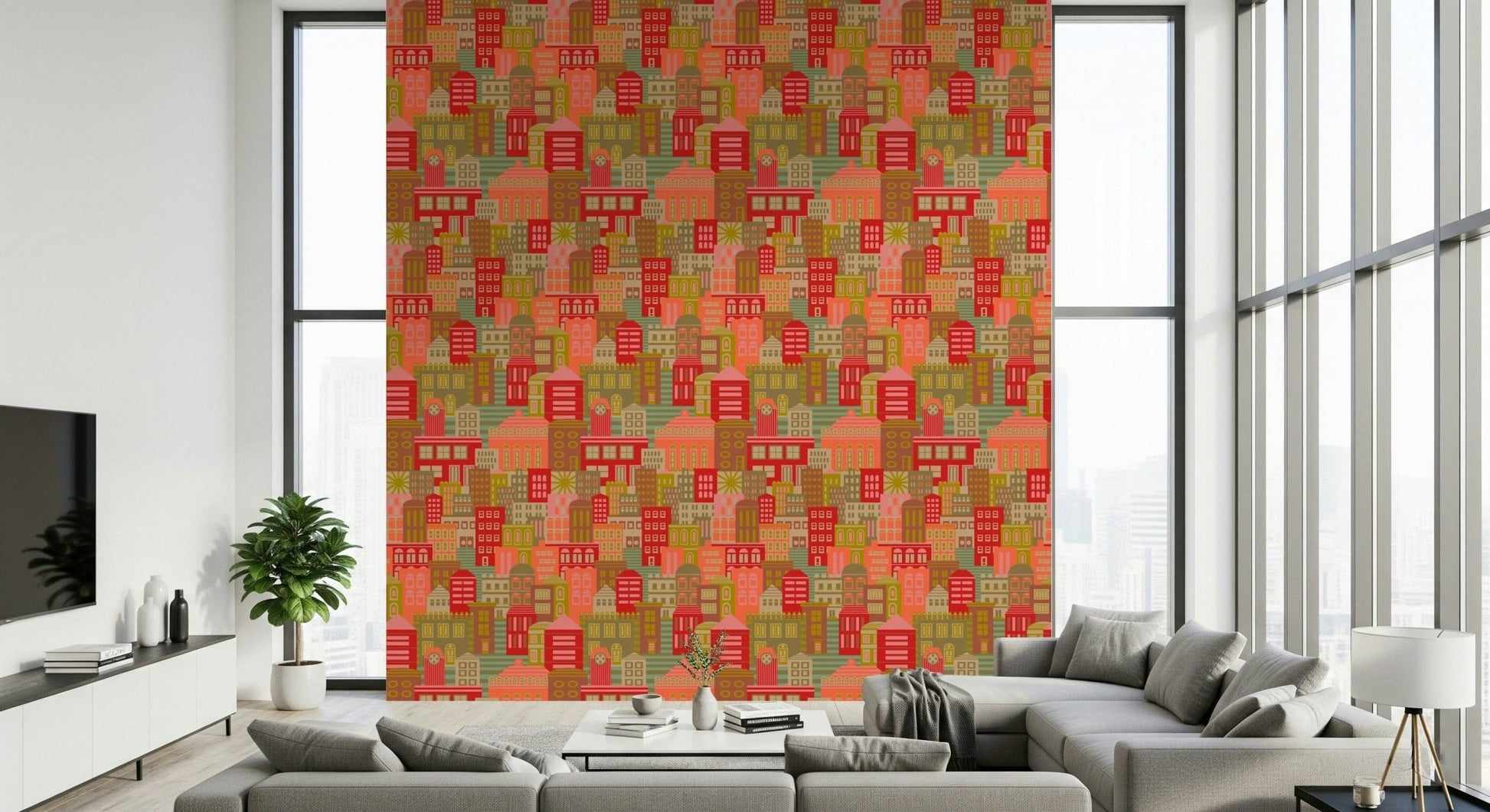 City Lights By Day Vintage Travel Bright Geometric Buildings Sunny Vintage 1950s Colours Wallpaper mural decor.