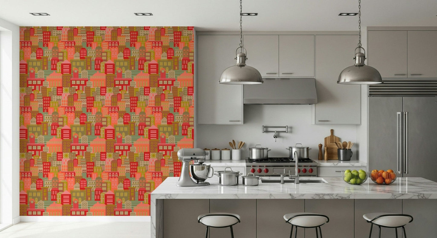 Mid-century city skyline wallpaper mural in bright yellow and coral tones.