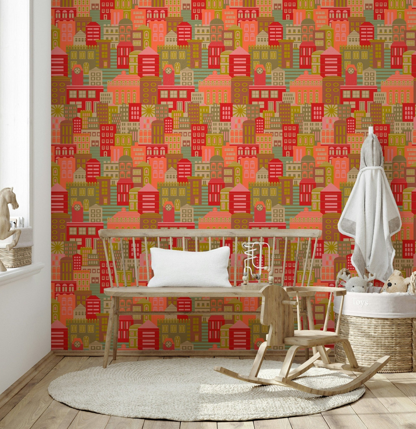 Abstract geometric building wallpaper mural for a modern nursery.