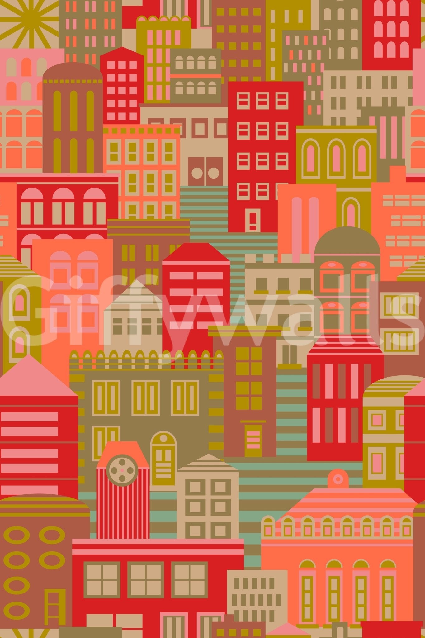 Geometric skyscraper wallpaper mural for a vibrant hallway decor.