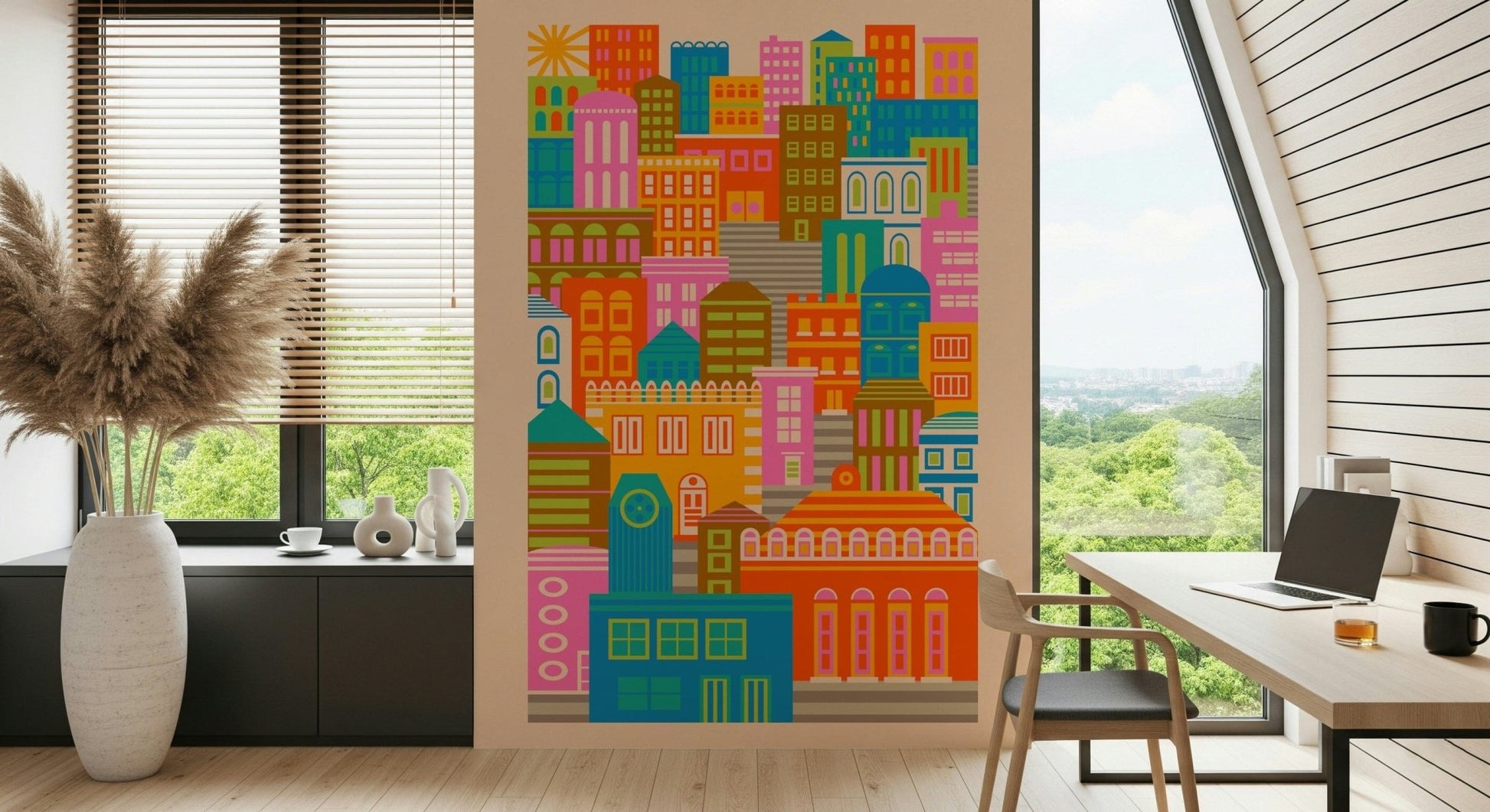 City Lights wallpaper mural, bright geometric architecture design.