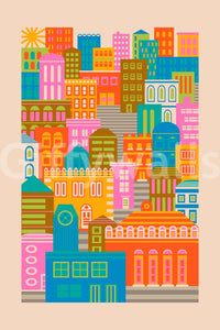 Bright Geometric Buildings Sunshine, geometric shapes city wall art.