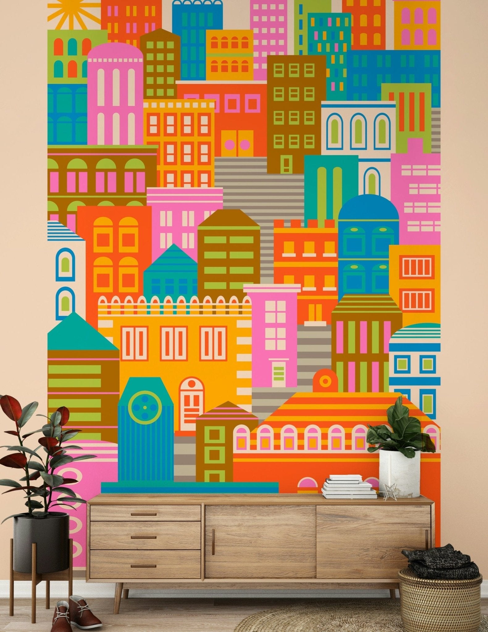 Bright Geometric Buildings Sunshine wallpaper, vibrant art print buildings.