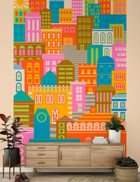 Bright Geometric Buildings Sunshine wallpaper, vibrant art print buildings.