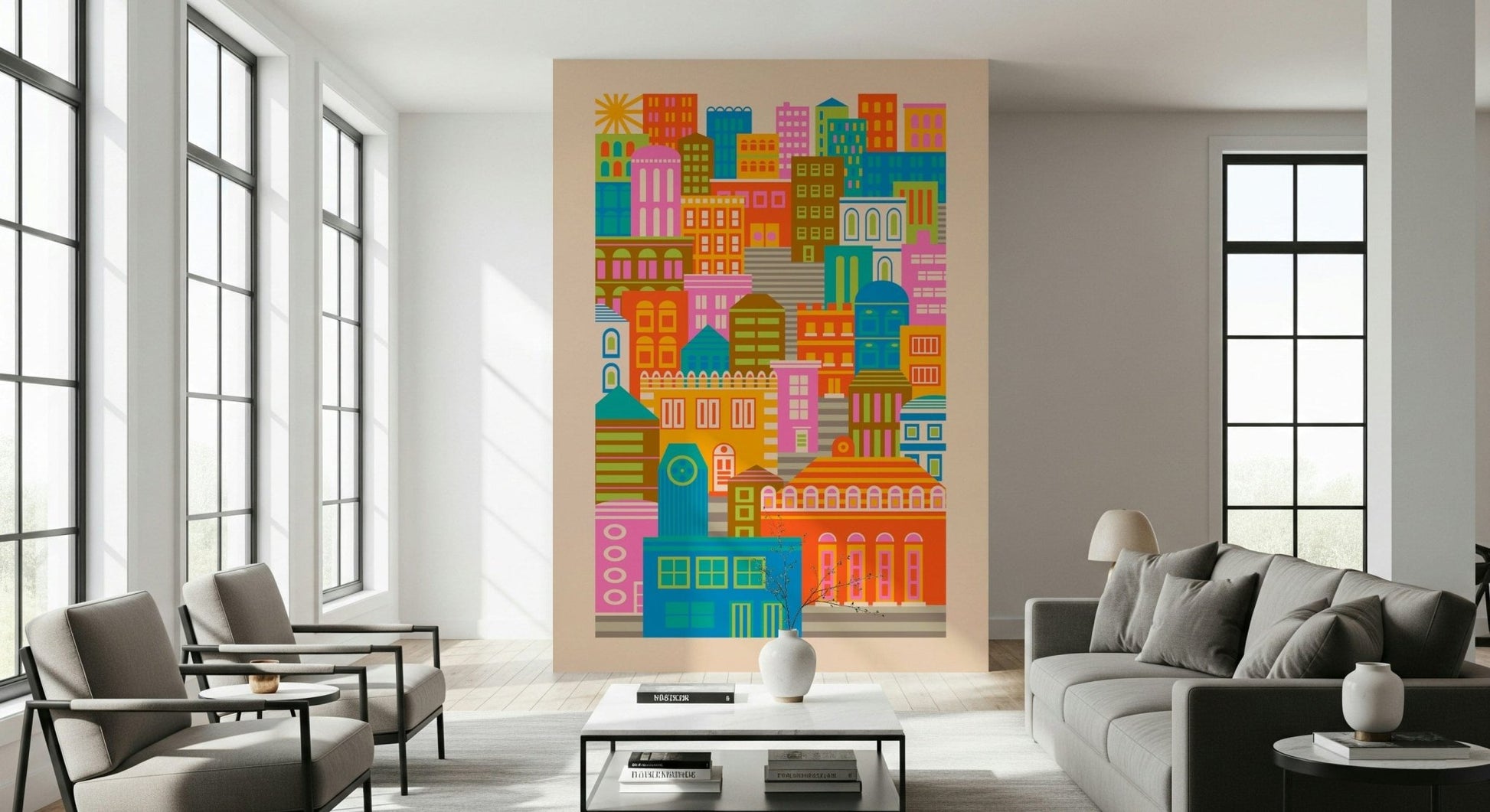 Rainbow Brights wall covering, maximalist cityscape artwork.