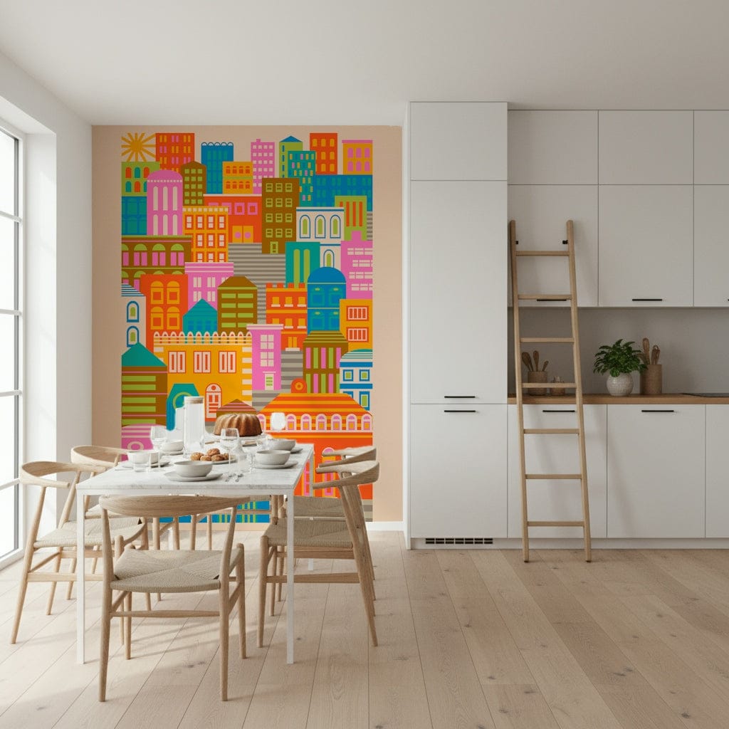 Bright Geometric Buildings Sunshine, cool pop art inspired wall print.